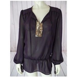 Meghan Noland LA Blouse M Plum Sheer Poly Sequins